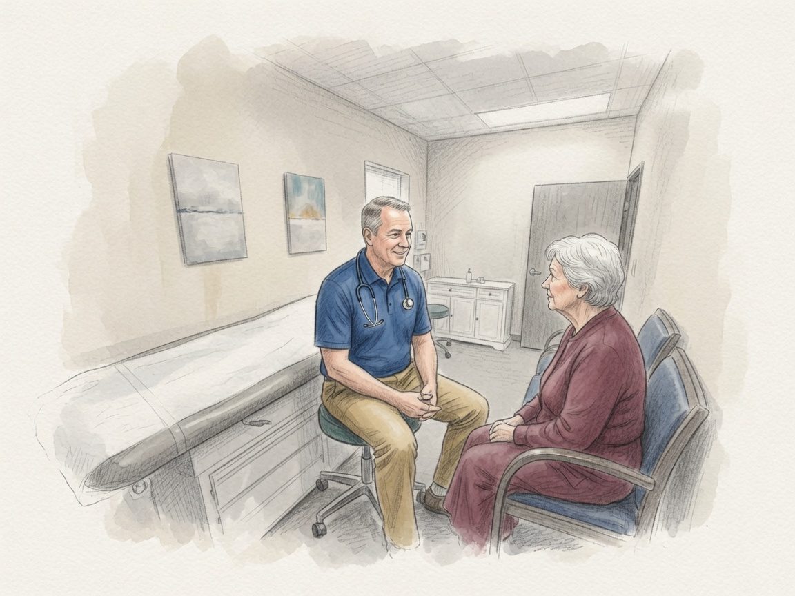 Watercolor illustration of Will Pumphrey, FNP-C, talking with a patient in a Cove exam room